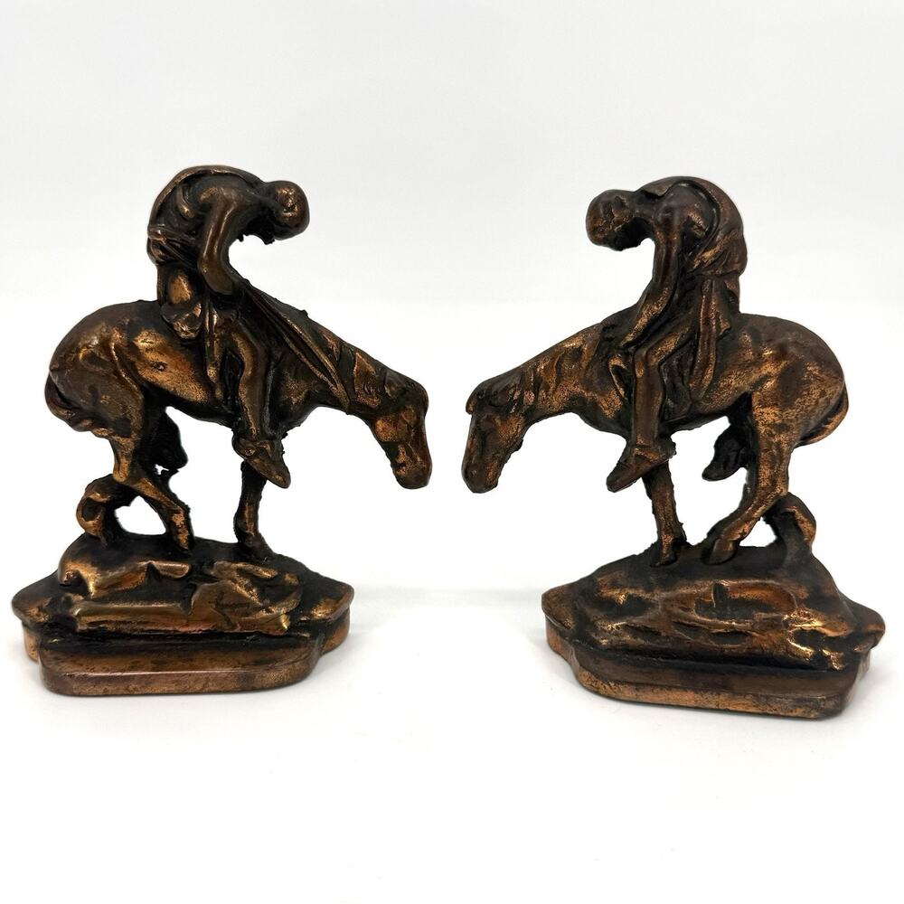 Vintage Cast Iron End of the Trail Bookends Bronzed Native American Horse Pair